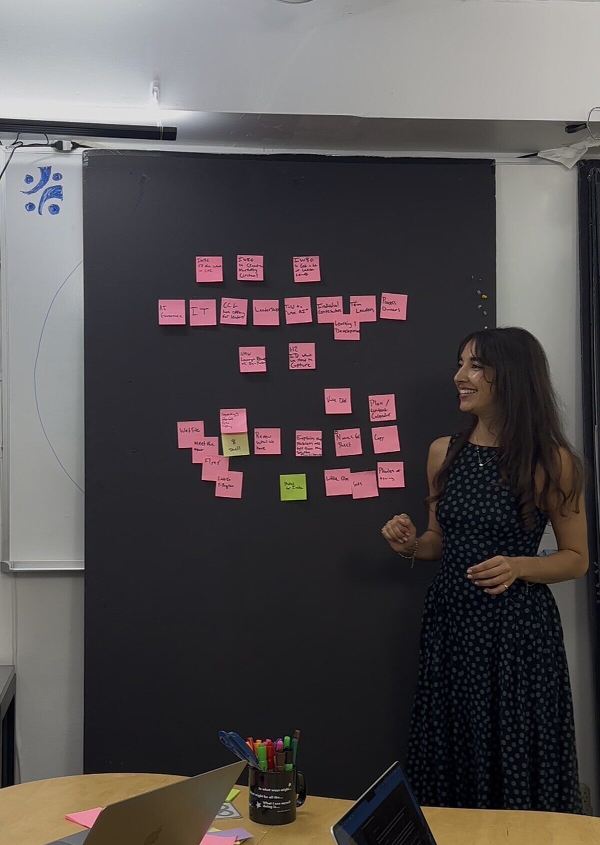 Mikhaila Ackerbauer facilitating beside a wall of sticky notes during a working session