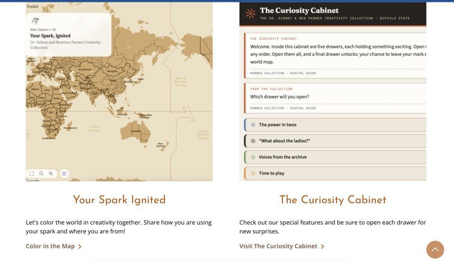 Screens from the Curiosity Cabinet, the companion digital tool